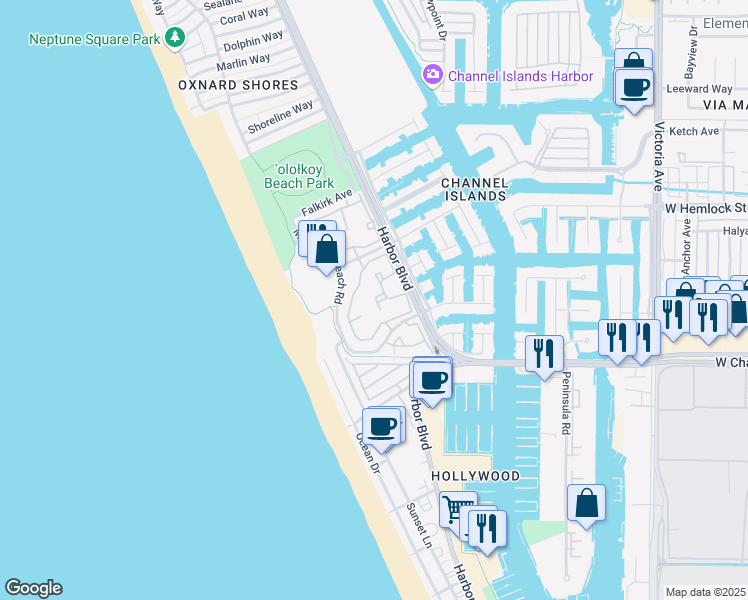 map of restaurants, bars, coffee shops, grocery stores, and more near 2107 Martinique Lane in Oxnard