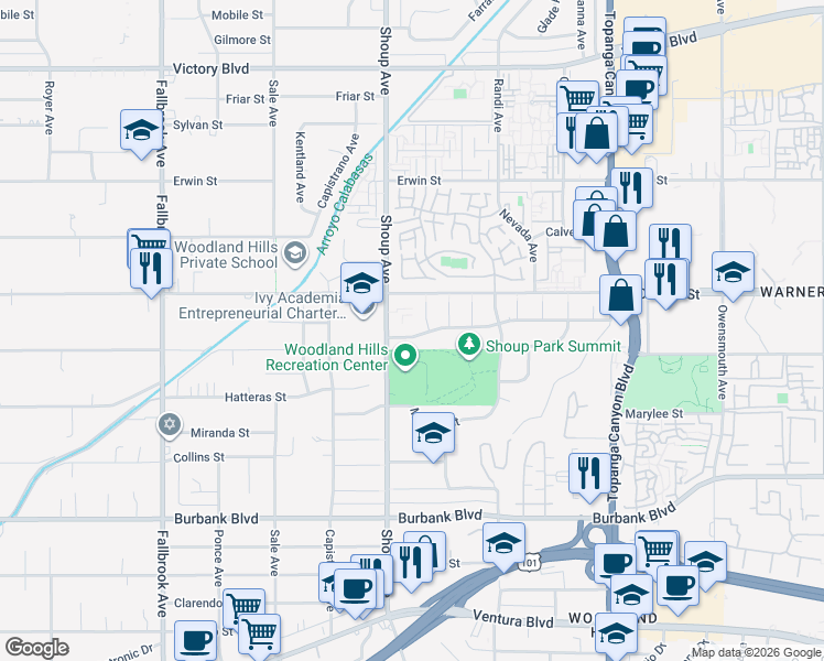 map of restaurants, bars, coffee shops, grocery stores, and more near 22335 Tiara Street in Los Angeles