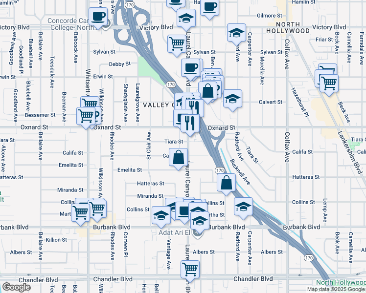 map of restaurants, bars, coffee shops, grocery stores, and more near 5923 Laurel Canyon Boulevard in Los Angeles