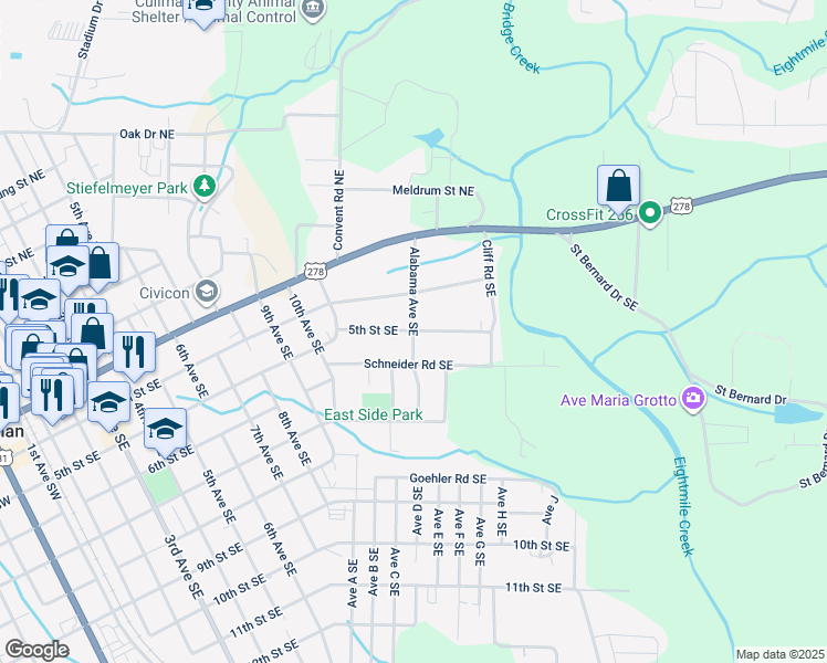 map of restaurants, bars, coffee shops, grocery stores, and more near 1340 5th Street Southeast in Cullman