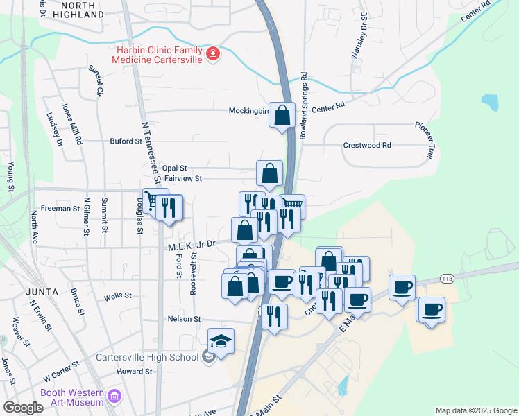 map of restaurants, bars, coffee shops, grocery stores, and more near 10 Felton Street in Cartersville