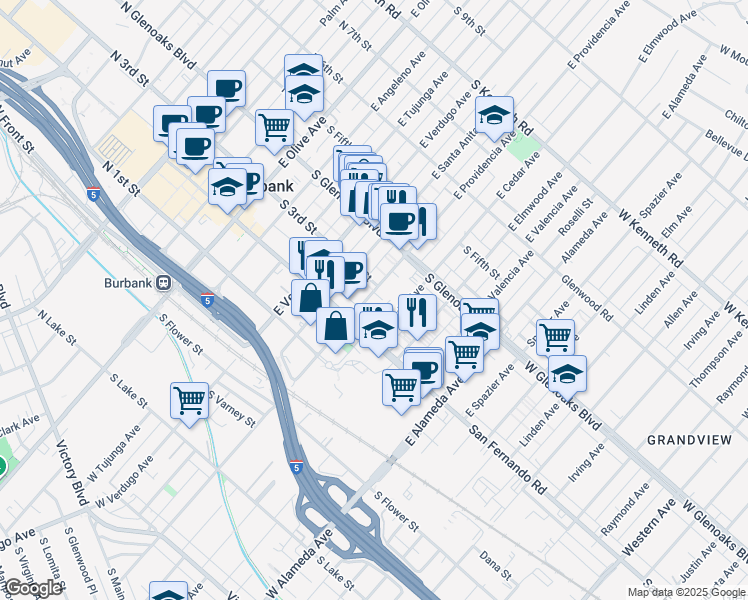 map of restaurants, bars, coffee shops, grocery stores, and more near 214 East Providencia Avenue in Burbank