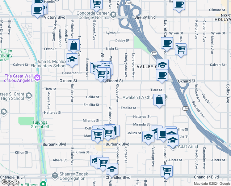 map of restaurants, bars, coffee shops, grocery stores, and more near 5917 Rhodes Avenue in Los Angeles