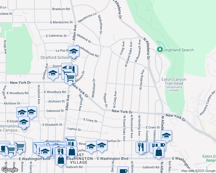 map of restaurants, bars, coffee shops, grocery stores, and more near 1862 Pepper Drive in Altadena