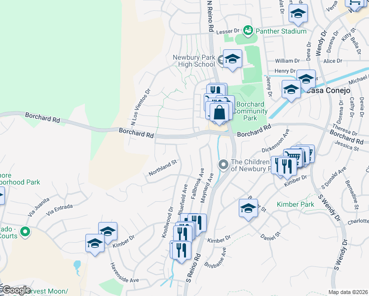 map of restaurants, bars, coffee shops, grocery stores, and more near 3792 San Felipe Avenue in Thousand Oaks