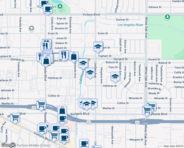 map of restaurants, bars, coffee shops, grocery stores, and more near 18113 Califa Street in Los Angeles