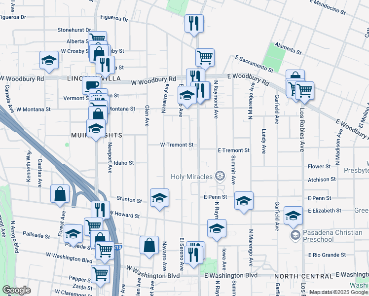 map of restaurants, bars, coffee shops, grocery stores, and more near 1842 El Sereno Avenue in Pasadena