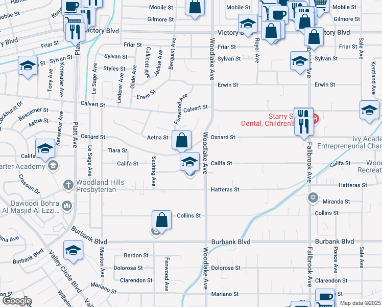 map of restaurants, bars, coffee shops, grocery stores, and more near 23229 Califa Street in Los Angeles