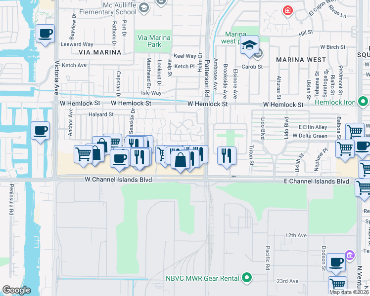 map of restaurants, bars, coffee shops, grocery stores, and more near 428 Hudson Lane in Port Hueneme