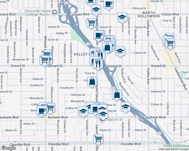 map of restaurants, bars, coffee shops, grocery stores, and more near 5923 Laurel Canyon Boulevard in Los Angeles