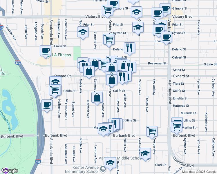 map of restaurants, bars, coffee shops, grocery stores, and more near 5915 Kester Avenue in Los Angeles