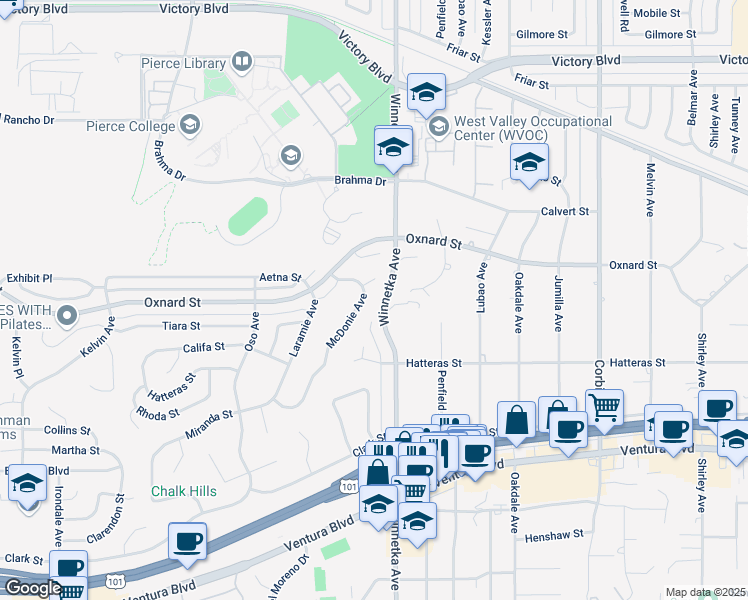 map of restaurants, bars, coffee shops, grocery stores, and more near 5918 McDonie Avenue in Los Angeles