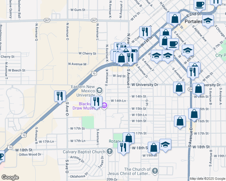 map of restaurants, bars, coffee shops, grocery stores, and more near 1414 South Avenue J in Portales