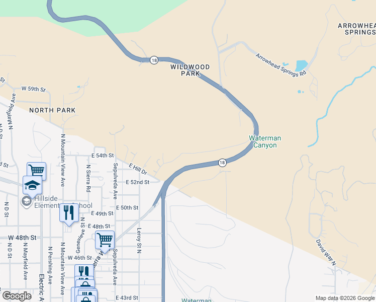 map of restaurants, bars, coffee shops, grocery stores, and more near 5405 Park Lane in San Bernardino