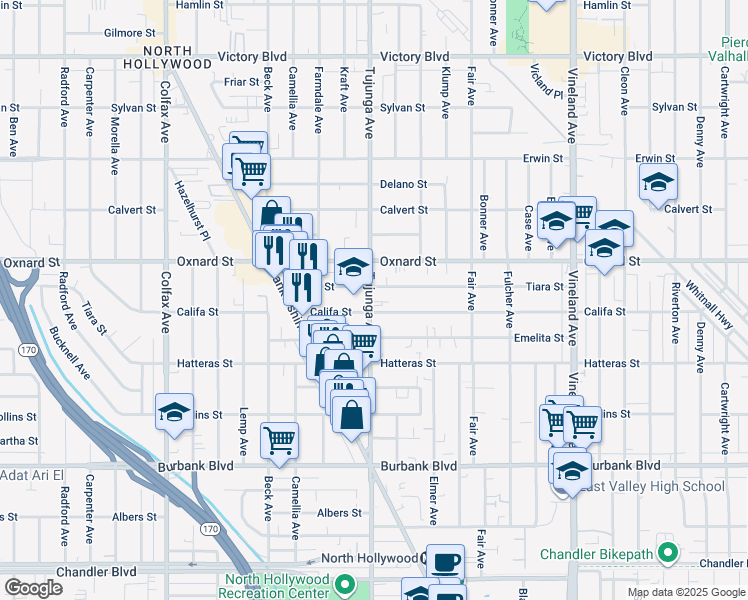 map of restaurants, bars, coffee shops, grocery stores, and more near 2 Tujunga Avenue in Los Angeles