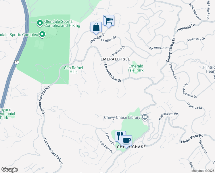 map of restaurants, bars, coffee shops, grocery stores, and more near 1934 Erin Way in Glendale