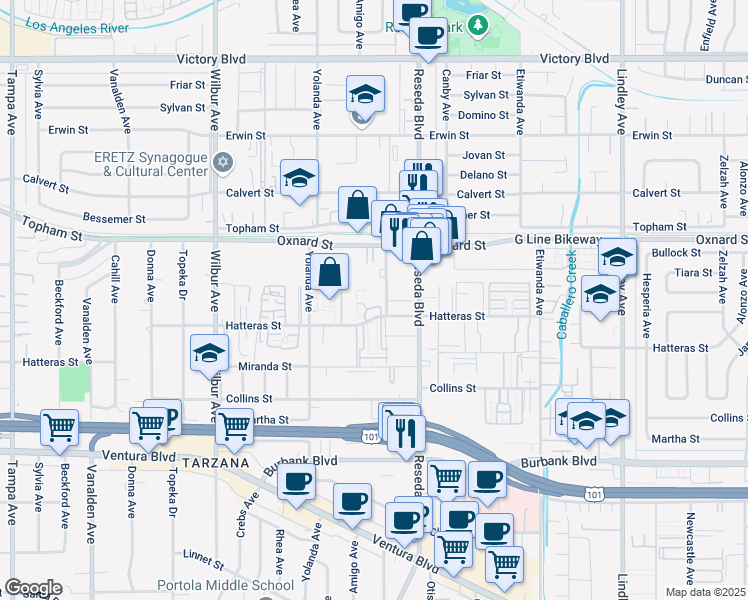 map of restaurants, bars, coffee shops, grocery stores, and more near 18550 Hatteras Street in Los Angeles
