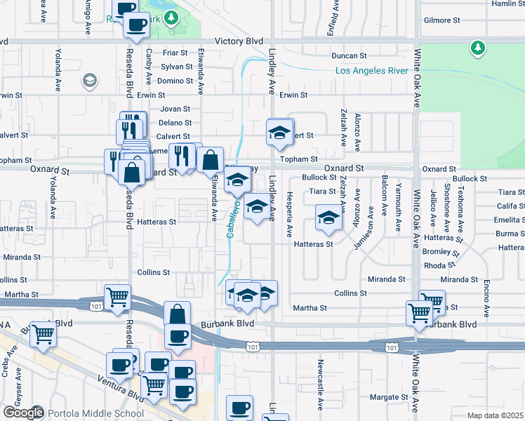map of restaurants, bars, coffee shops, grocery stores, and more near 18132 Califa Street in Los Angeles