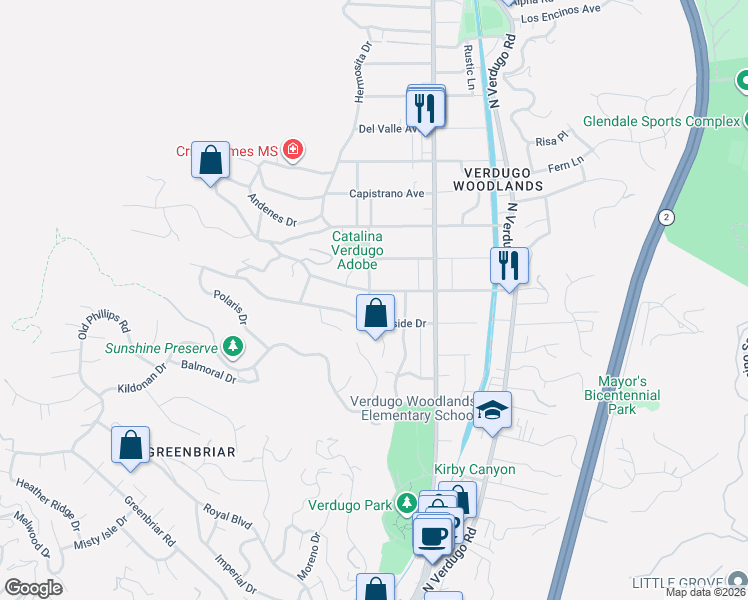 map of restaurants, bars, coffee shops, grocery stores, and more near 2020 Bonita Drive in Glendale
