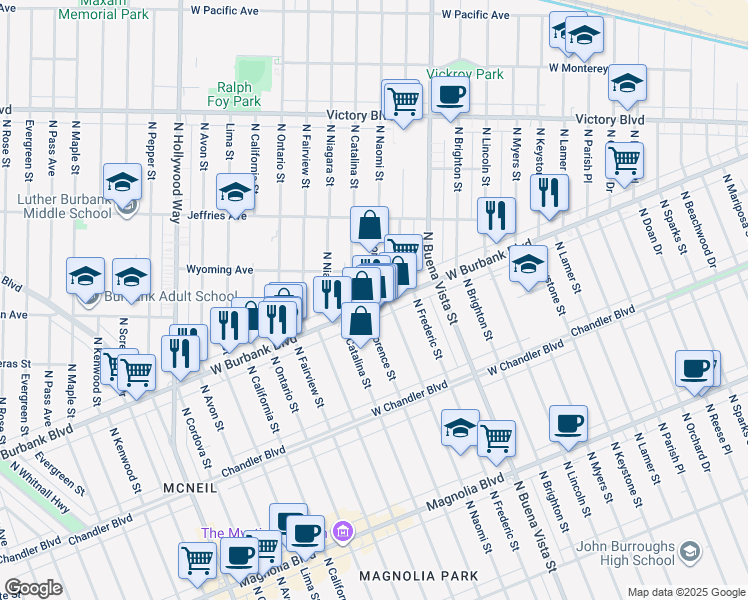 map of restaurants, bars, coffee shops, grocery stores, and more near 2732 West Burbank Boulevard in Burbank