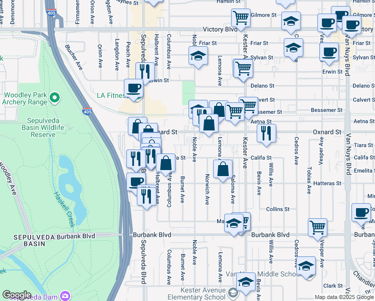 map of restaurants, bars, coffee shops, grocery stores, and more near 5856 Burnet Avenue in Los Angeles