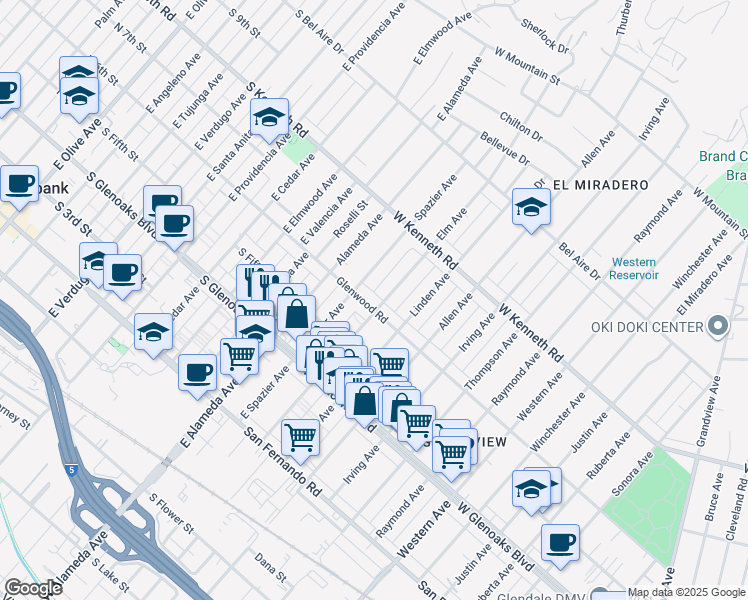 map of restaurants, bars, coffee shops, grocery stores, and more near in Glendale