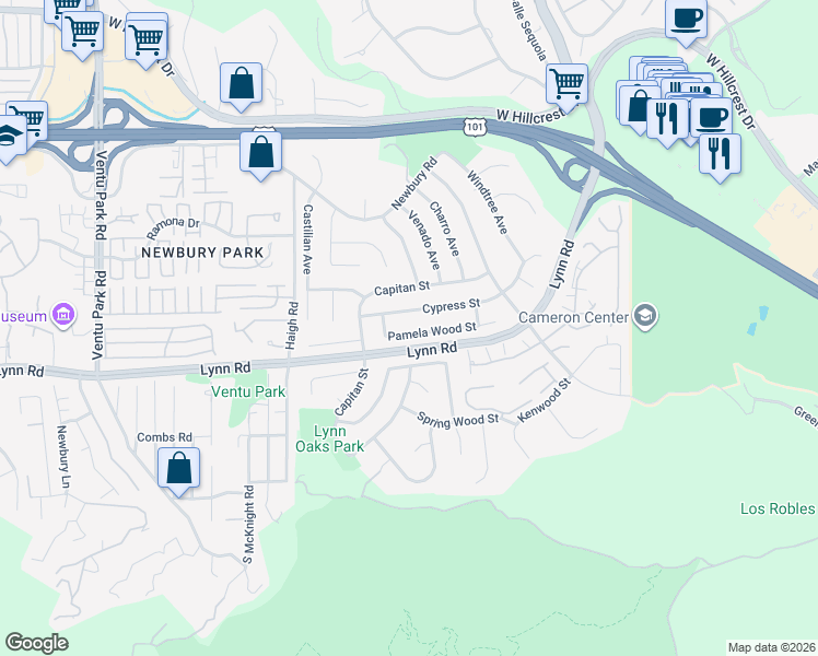map of restaurants, bars, coffee shops, grocery stores, and more near 807 Pamela Wood Street in Thousand Oaks