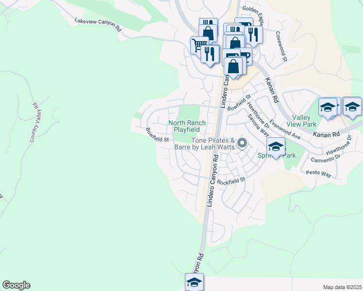 map of restaurants, bars, coffee shops, grocery stores, and more near 5645 Tanner Ridge Avenue in Westlake Village