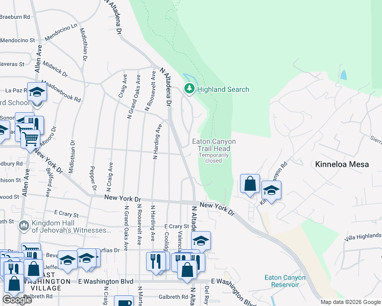 map of restaurants, bars, coffee shops, grocery stores, and more near 1848 North Altadena Drive in Pasadena