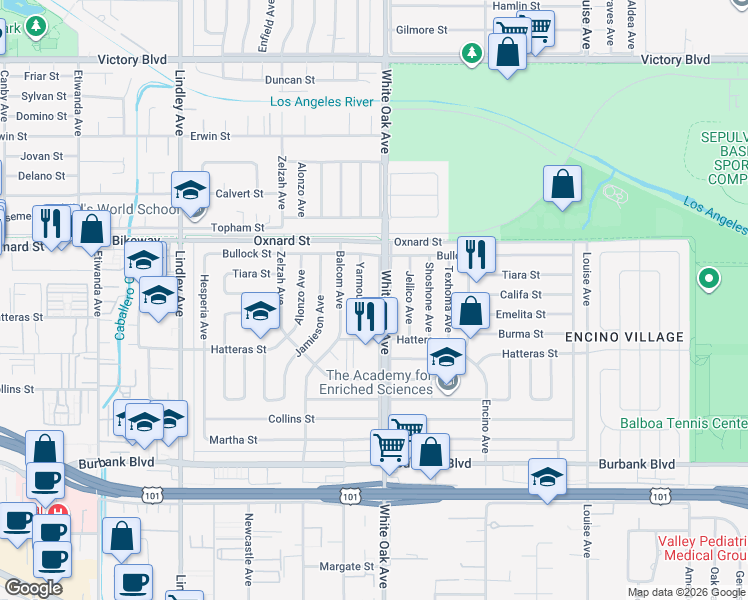 map of restaurants, bars, coffee shops, grocery stores, and more near 5917 White Oak Avenue in Los Angeles