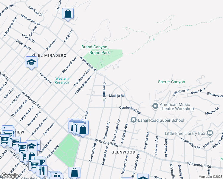 map of restaurants, bars, coffee shops, grocery stores, and more near 909 Matilija Road in Glendale