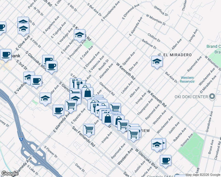 map of restaurants, bars, coffee shops, grocery stores, and more near in Glendale