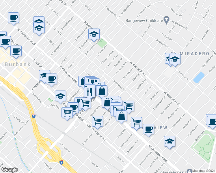 map of restaurants, bars, coffee shops, grocery stores, and more near 2050 5th Street in Glendale