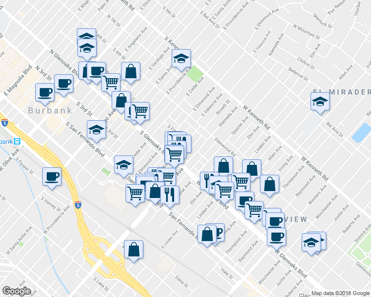map of restaurants, bars, coffee shops, grocery stores, and more near 1115 Alameda Avenue in Glendale