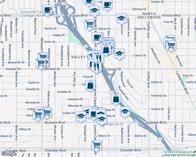map of restaurants, bars, coffee shops, grocery stores, and more near 12053 Califa Street in Los Angeles