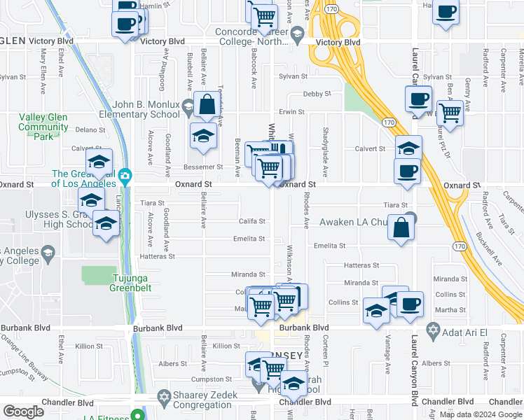 map of restaurants, bars, coffee shops, grocery stores, and more near 12502 Califa Street in Los Angeles