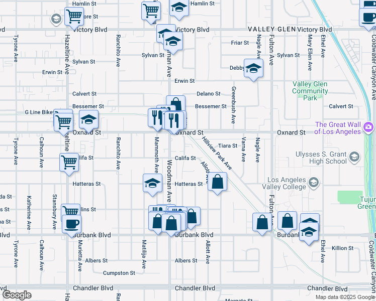 map of restaurants, bars, coffee shops, grocery stores, and more near 13612 Califa Street in Los Angeles