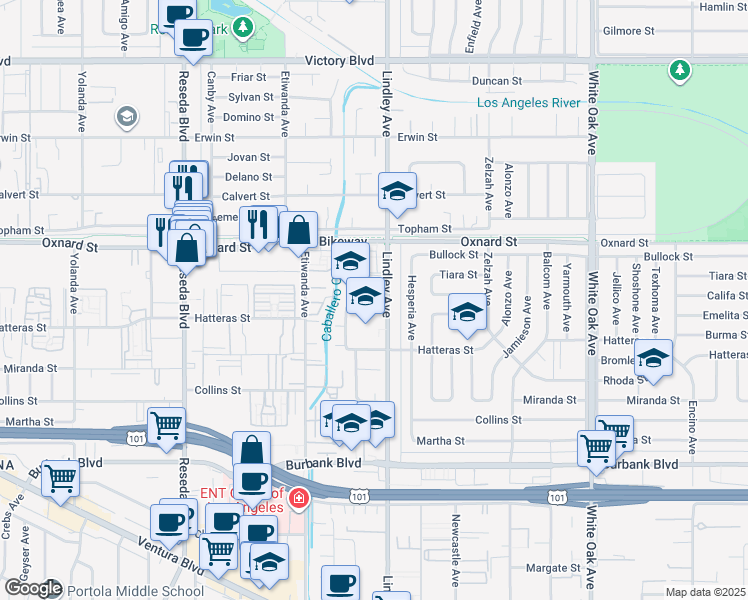 map of restaurants, bars, coffee shops, grocery stores, and more near 18132 Califa Street in Los Angeles