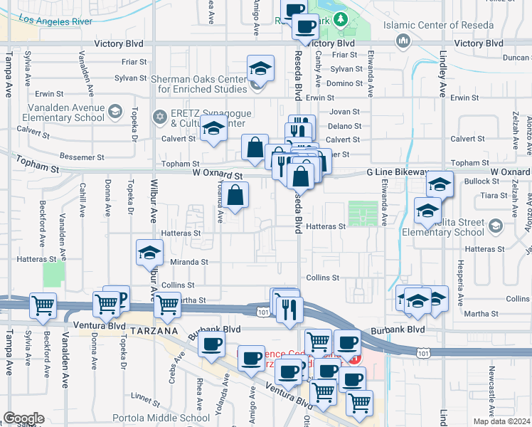 map of restaurants, bars, coffee shops, grocery stores, and more near 18550 Hatteras Street in Los Angeles