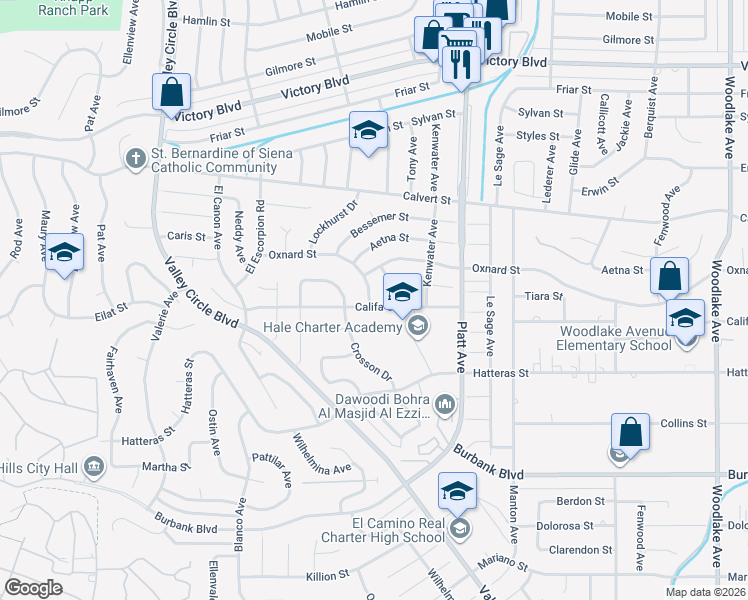 map of restaurants, bars, coffee shops, grocery stores, and more near 23900 Califa Street in Los Angeles
