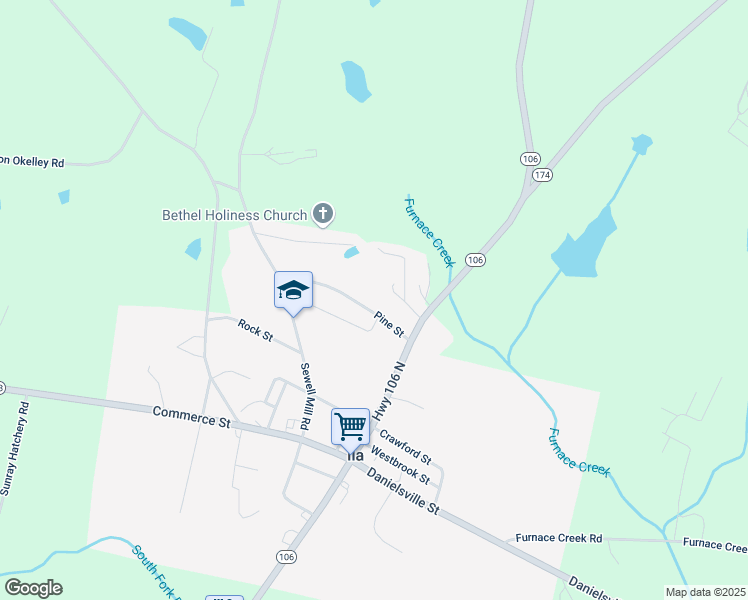 map of restaurants, bars, coffee shops, grocery stores, and more near 136 Pine Street in Danielsville