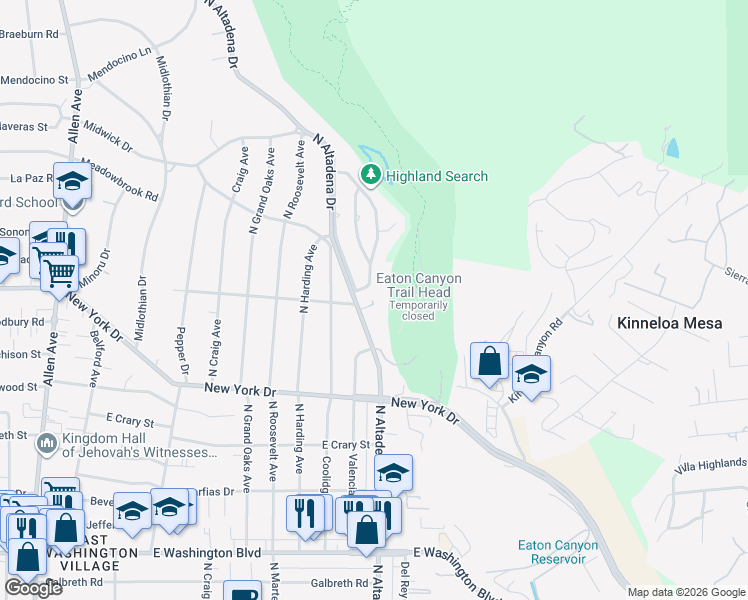 map of restaurants, bars, coffee shops, grocery stores, and more near 1848 North Altadena Drive in Pasadena