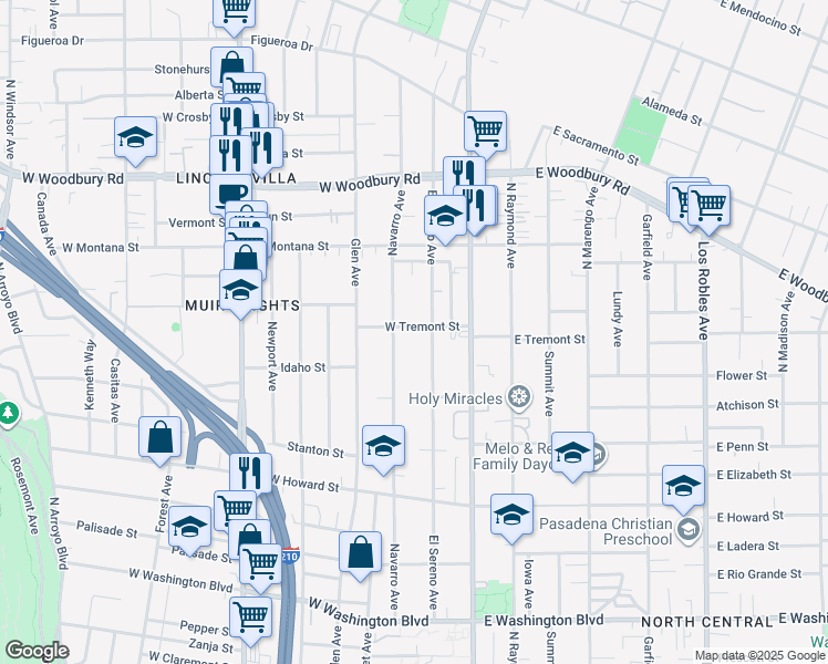 map of restaurants, bars, coffee shops, grocery stores, and more near 100 West Tremont Street in Pasadena