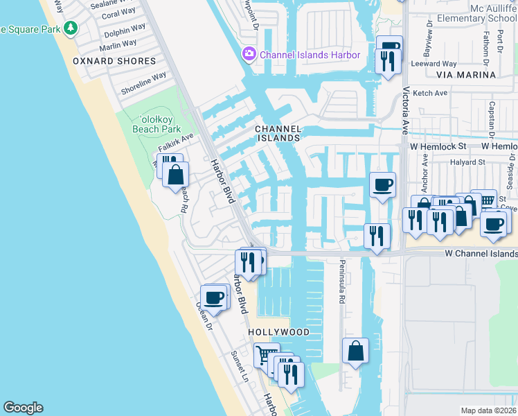 map of restaurants, bars, coffee shops, grocery stores, and more near 2325 Kingsbridge Lane in Oxnard