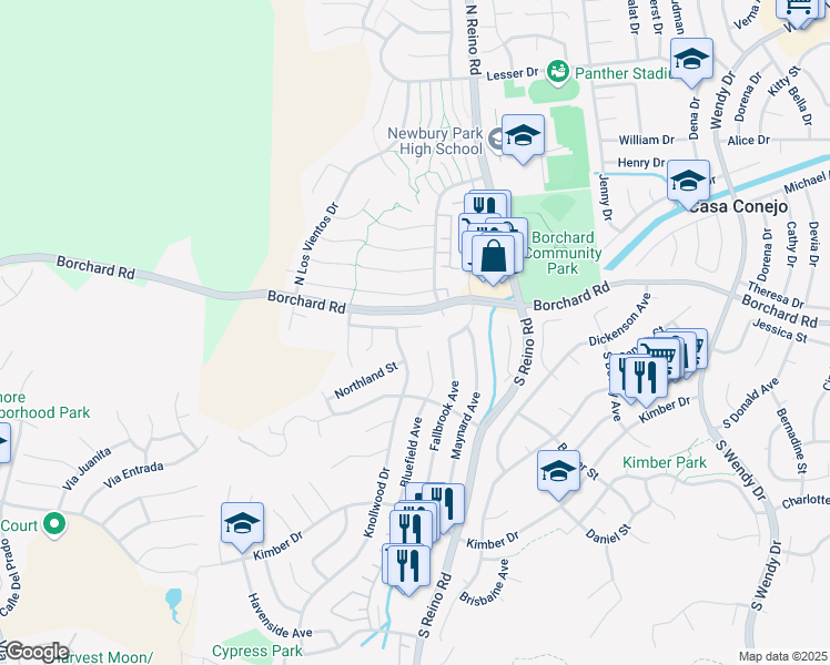 map of restaurants, bars, coffee shops, grocery stores, and more near 43 Bluefield Avenue in Thousand Oaks