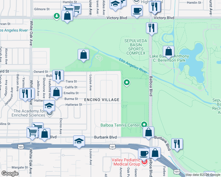 map of restaurants, bars, coffee shops, grocery stores, and more near 5913 Ostrom Avenue in Los Angeles