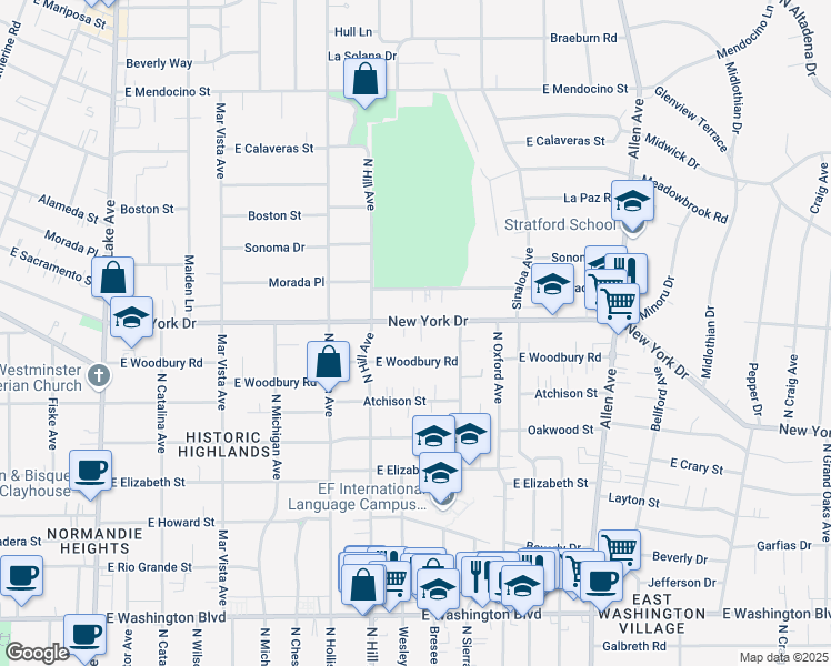 map of restaurants, bars, coffee shops, grocery stores, and more near 1451 East Woodbury Road in Pasadena
