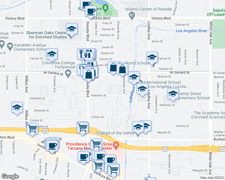 map of restaurants, bars, coffee shops, grocery stores, and more near 18333 Hatteras Street in Tarzana