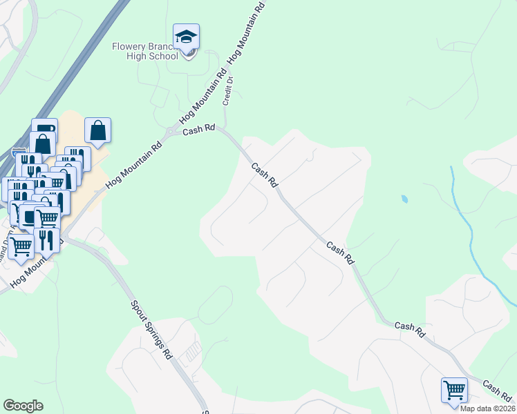 map of restaurants, bars, coffee shops, grocery stores, and more near 4730 Deer Ridge Court in Flowery Branch
