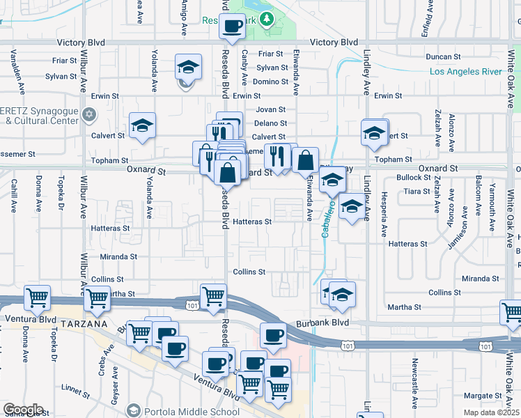 map of restaurants, bars, coffee shops, grocery stores, and more near 18411 Hatteras Street in Los Angeles